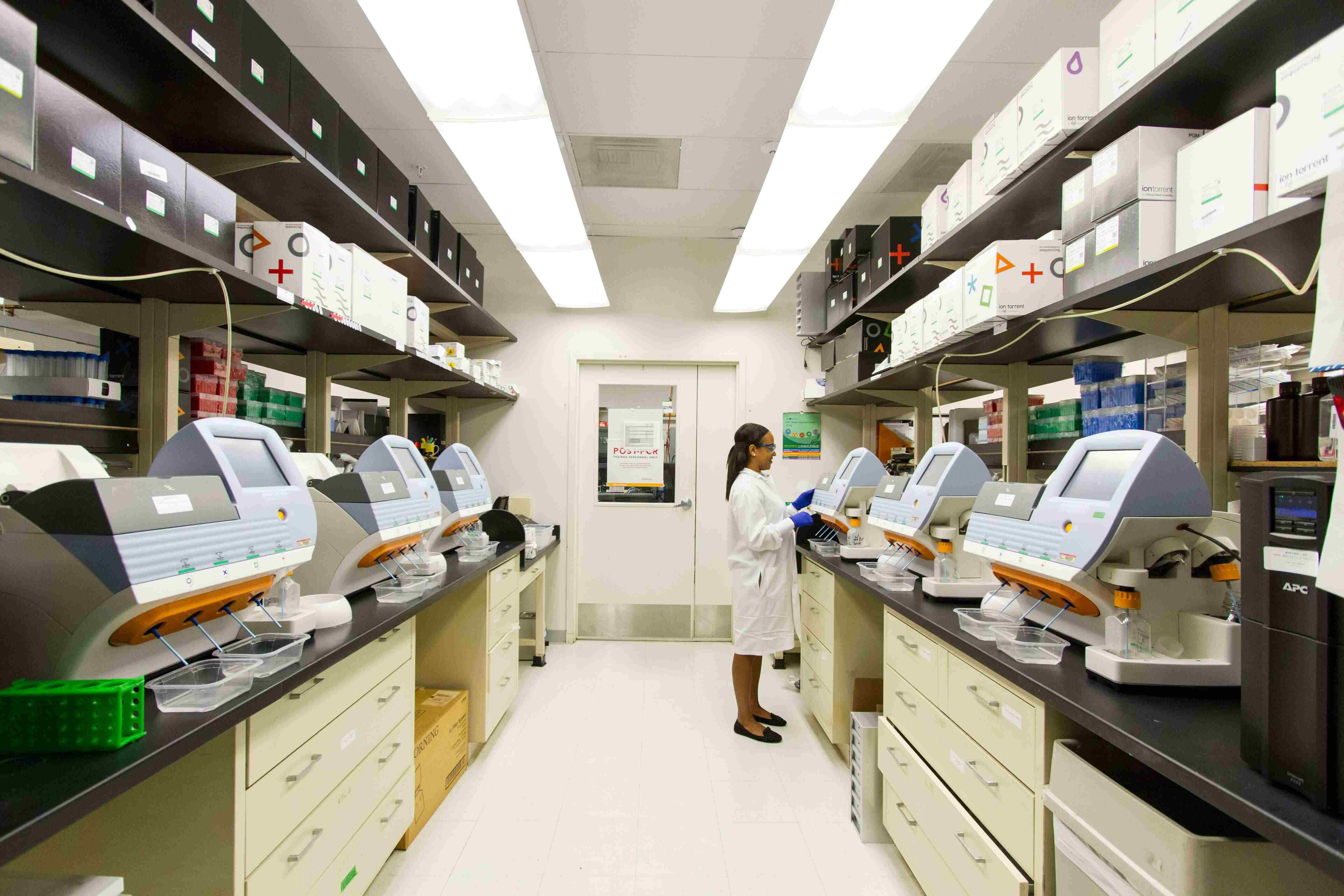 Hallway full of scientific equipment