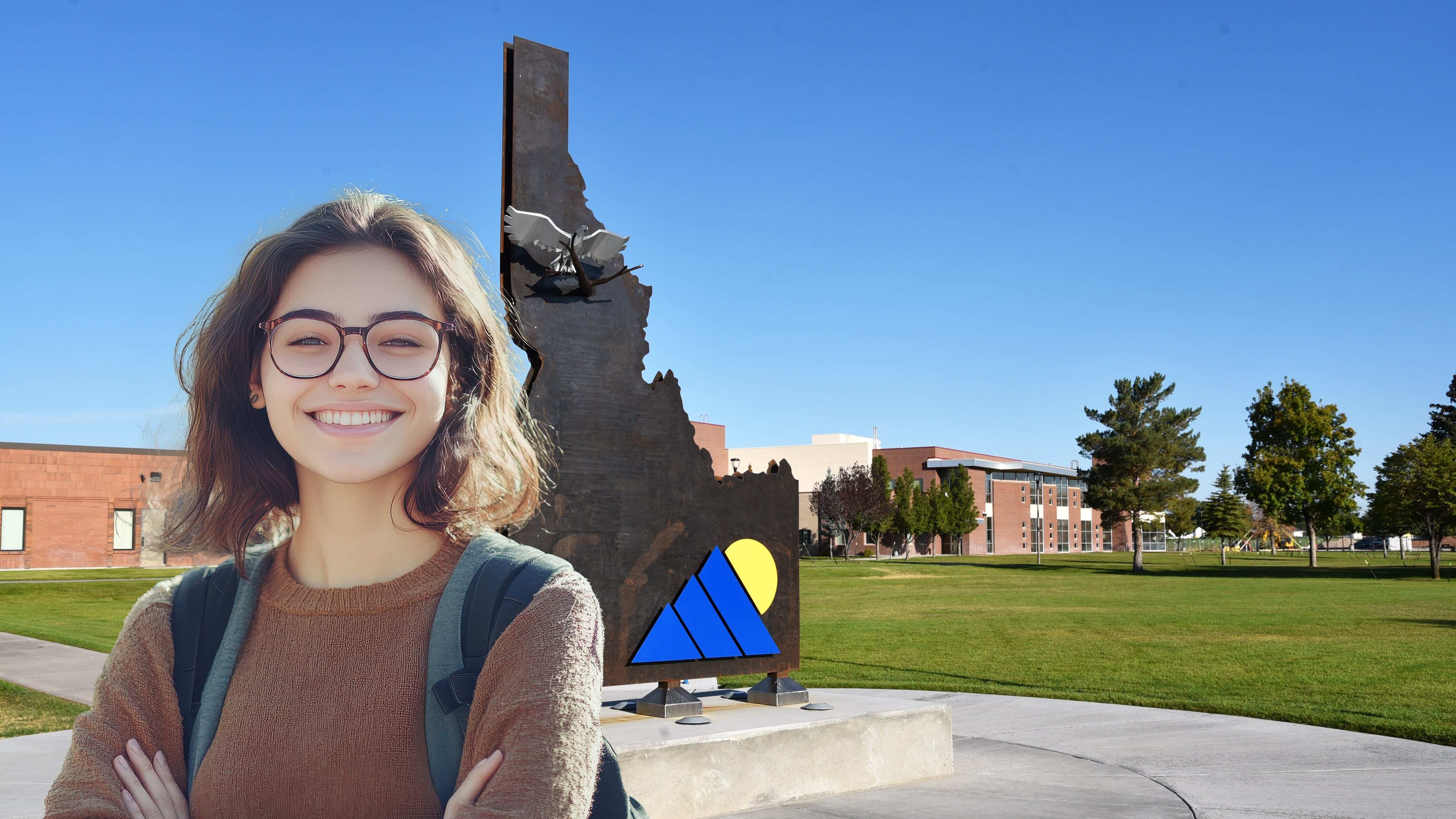 A student stands in front of the Idaho state statue on CEI campus