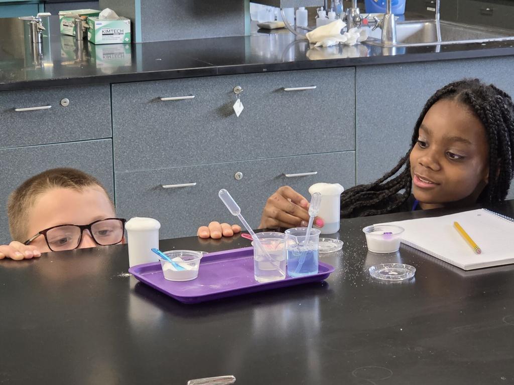 Children studying a science experiment in a lab