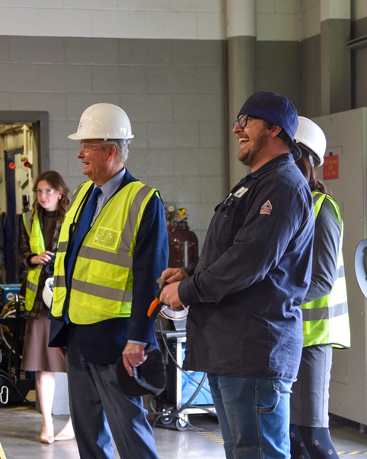 Governor Brad Little speaks with Thayne Carroll, Welding Instructor, about CEI’s hands-on training and workforce programs during his April 28 campus visit.