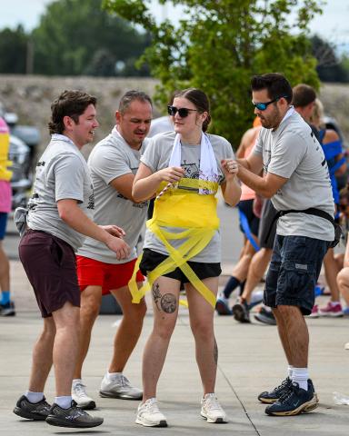 Runners interacting at a race event
