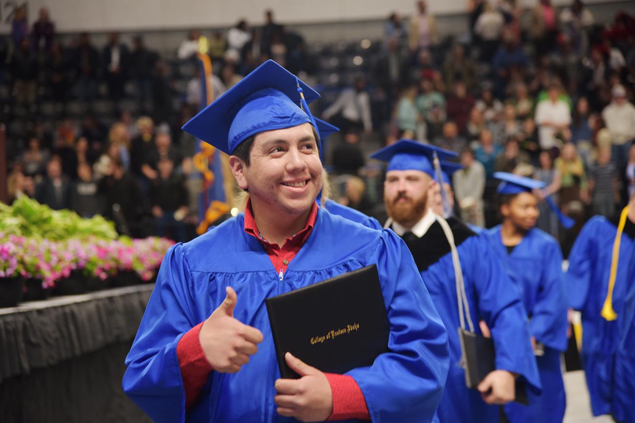 Students in line after receiving diplomas